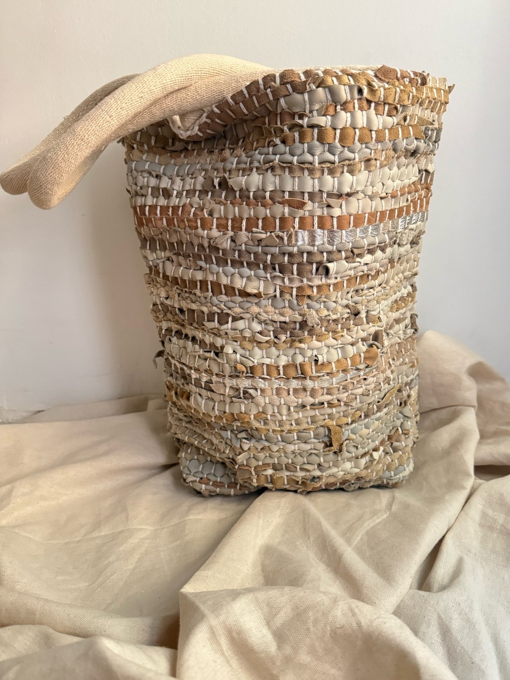 Handwoven Leather Bucket Bag Neutral Woven Leather Shoulder Tote Artisan Boho